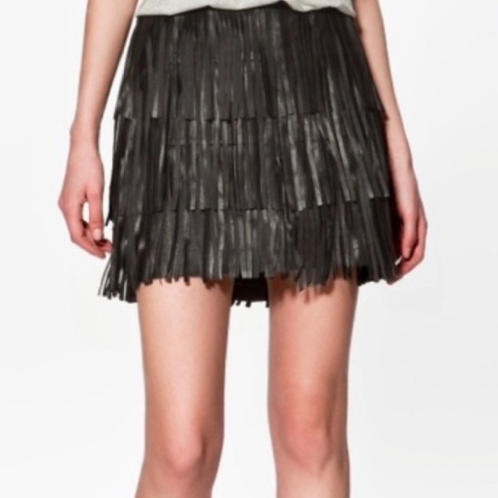 Zara Fringe Leather Tiered Mini Skirt